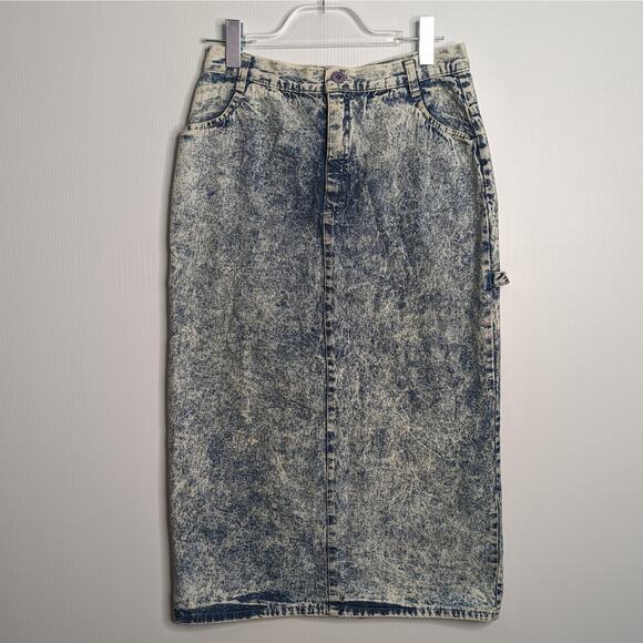 Vintage 80's Acid Wash Jean Midi Skirt American Legend Painter Style - Picture 1 of 11